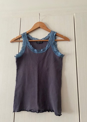 Dantelli Gri Denim V Yaka Kolsuz Kadın Üst - Görsel 3