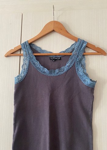 Dantelli Gri Denim V Yaka Kolsuz Kadın Üst - Görsel 2