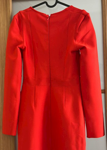 Uzun Kollu Kırmızı V Yakalı Kalem Elbise - Görsel 6