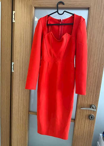 Uzun Kollu Kırmızı V Yakalı Kalem Elbise - Görsel 7