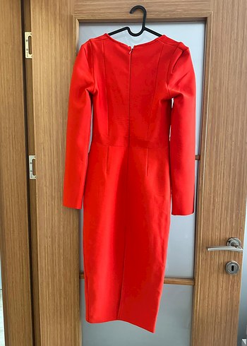 Uzun Kollu Kırmızı V Yakalı Kalem Elbise - Görsel 8