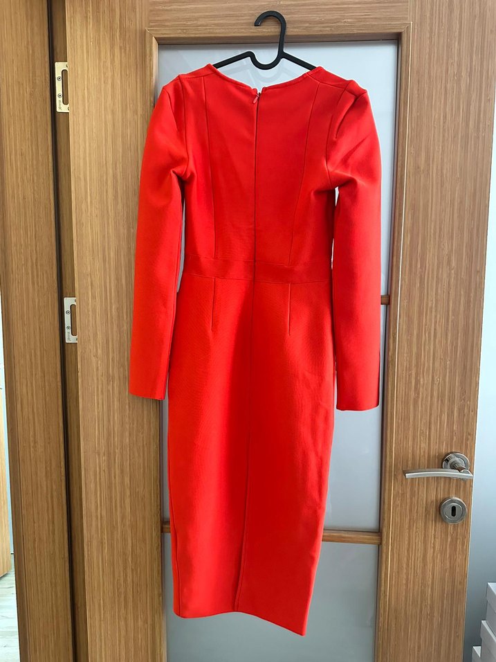 Uzun Kollu Kırmızı V Yakalı Kalem Elbise - Görsel 2