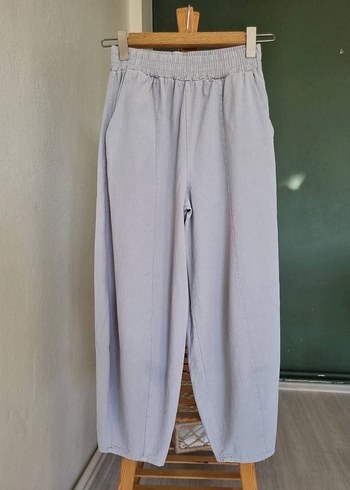 Diğer Gri Keten Kadın Bol Kesim Midi Pantolon