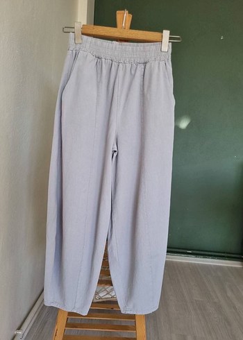 Gri Keten Kadın Bol Kesim Midi Pantolon