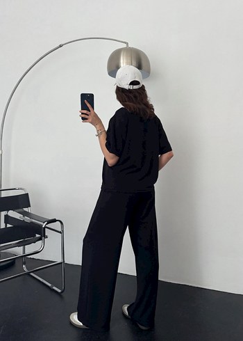 Diğer Siyah Loose Fit Midi Kadın Boyfriend Pantolon takım
