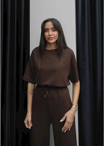 Kahverengi Mini Kadın Tişört ve Pantolon Takımı