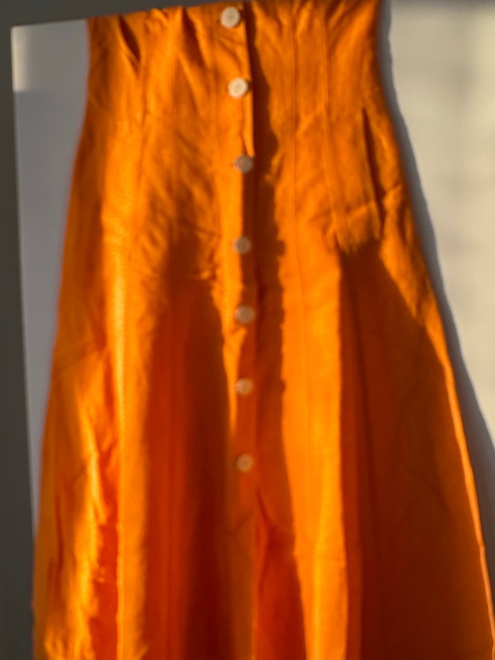 Düğmeli Turuncu Keten Uzun Elbise - Görsel 2