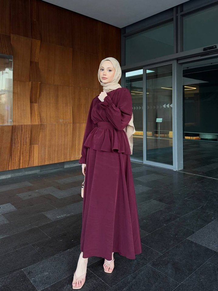 Bordo Uzun Kollu Salaş Kadın etekli kemerli takım - Görsel 5