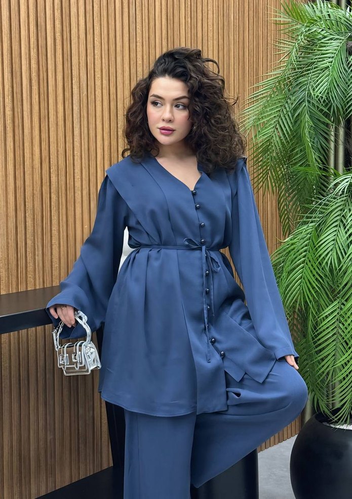 Lacivert V Yaka Uzun Kollu bol pantolon takım - Görsel 4