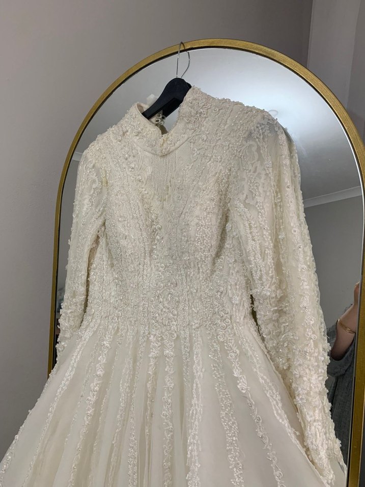 Uzun Kollu Beyaz Helen Model Gelinlik - Görsel 4