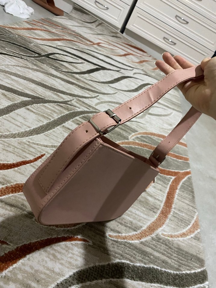 Toz pembe Deri Fermuarlı Kadın Omuz Çantası - Görsel 3