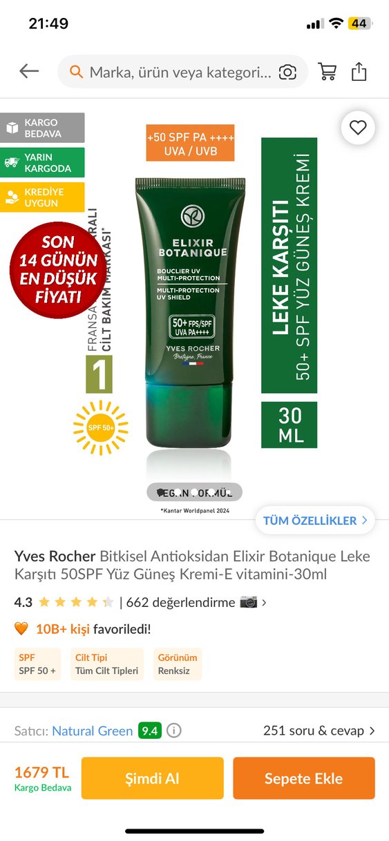 Yves Rocher Elixir Botanique SPF 50+ Güneş Koruyucu - Görsel 2