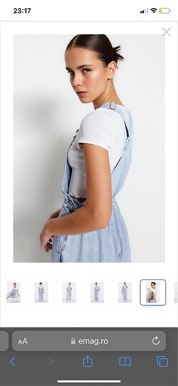 Paçaları lastikli kot salopet tulum - Görsel 3