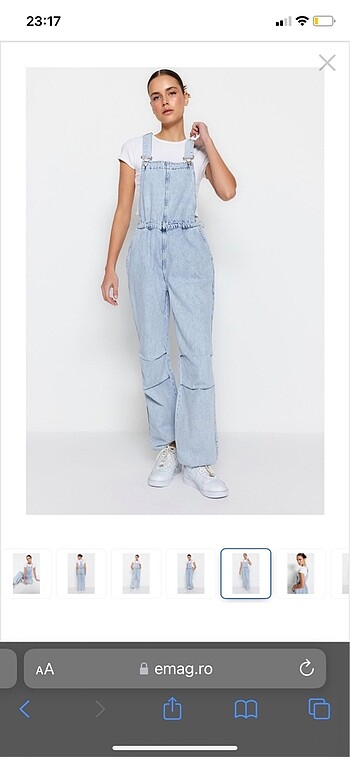 Paçaları lastikli kot salopet tulum - Görsel 4