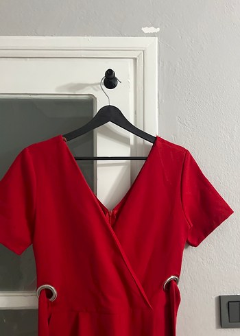 Kırmızı V Yaka Midi Kadın Tulum - Görsel 4