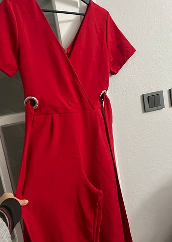Kırmızı V Yaka Midi Kadın Tulum - Görsel 2