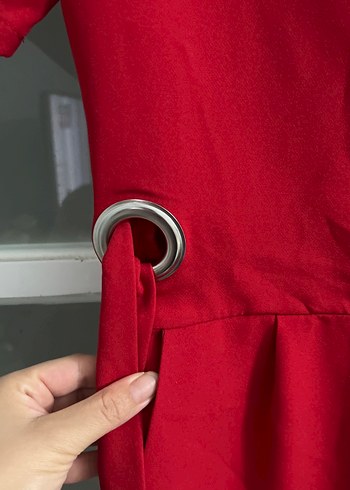 Kırmızı V Yaka Midi Kadın Tulum - Görsel 3