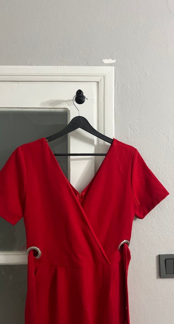 Kırmızı V Yaka Midi Kadın Tulum - Görsel 4