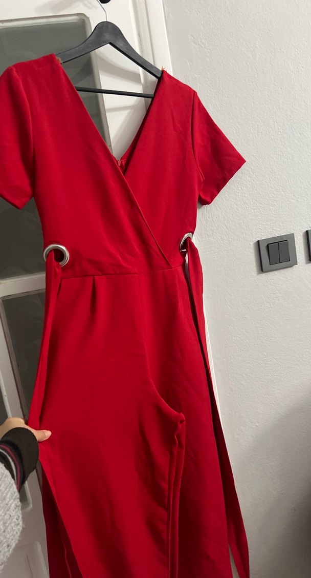 Kırmızı V Yaka Midi Kadın Tulum - Görsel 2