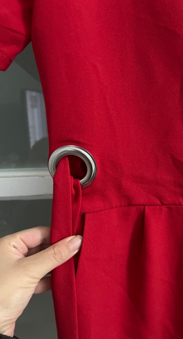 Kırmızı V Yaka Midi Kadın Tulum - Görsel 3