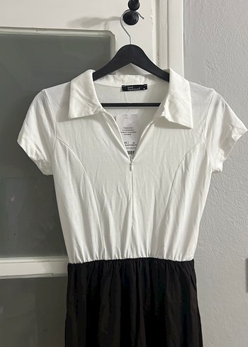 İki renk  köyü kahve ve  Beyaz önü fermuarla Uzun Elbise - Görsel 2