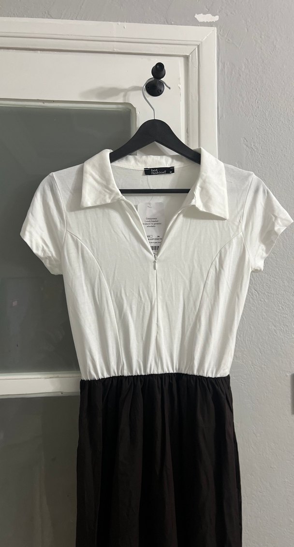 İki renk  köyü kahve ve  Beyaz önü fermuarla Uzun Elbise - Görsel 2