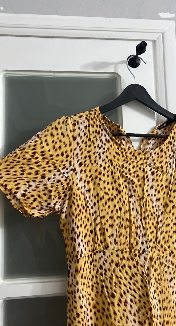 Sarı Leopar Desenli Uzun Salaş Elbise - Görsel 2