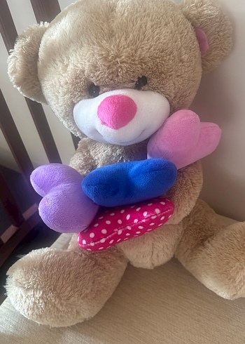 Renkli Kalpli Kahverengi Peluş Ayı - Görsel 7