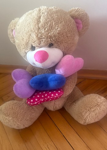 Renkli Kalpli Kahverengi Peluş Ayı - Görsel 2