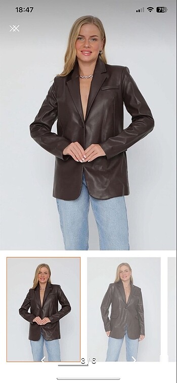 l Beden Kahverengi deri blazer