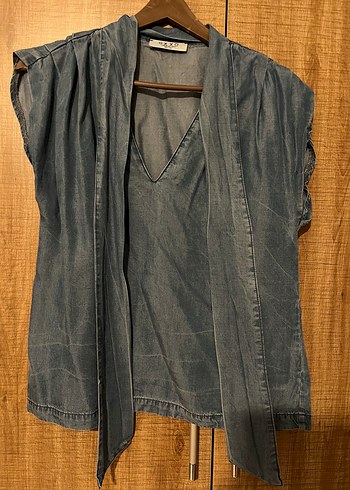 s Beden Kemerli Lacivert Denim Bluz
