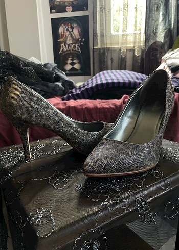 39 Beden kahverengi Renk Simli Leopar Desenli Stiletto Topuklu Ayakkabı
