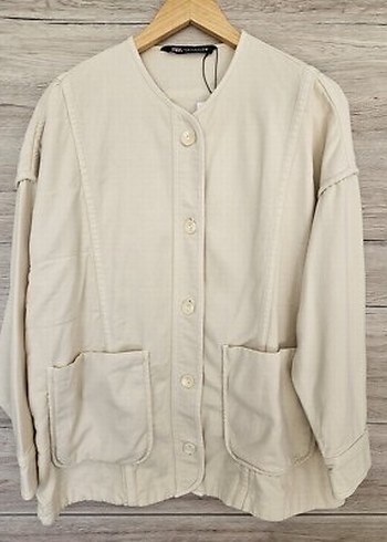 Zara Bej Düğmeli Uzun Kollu Keten Ceket - Görsel 5