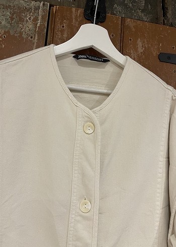 Zara Bej Düğmeli Uzun Kollu Keten Ceket - Görsel 6