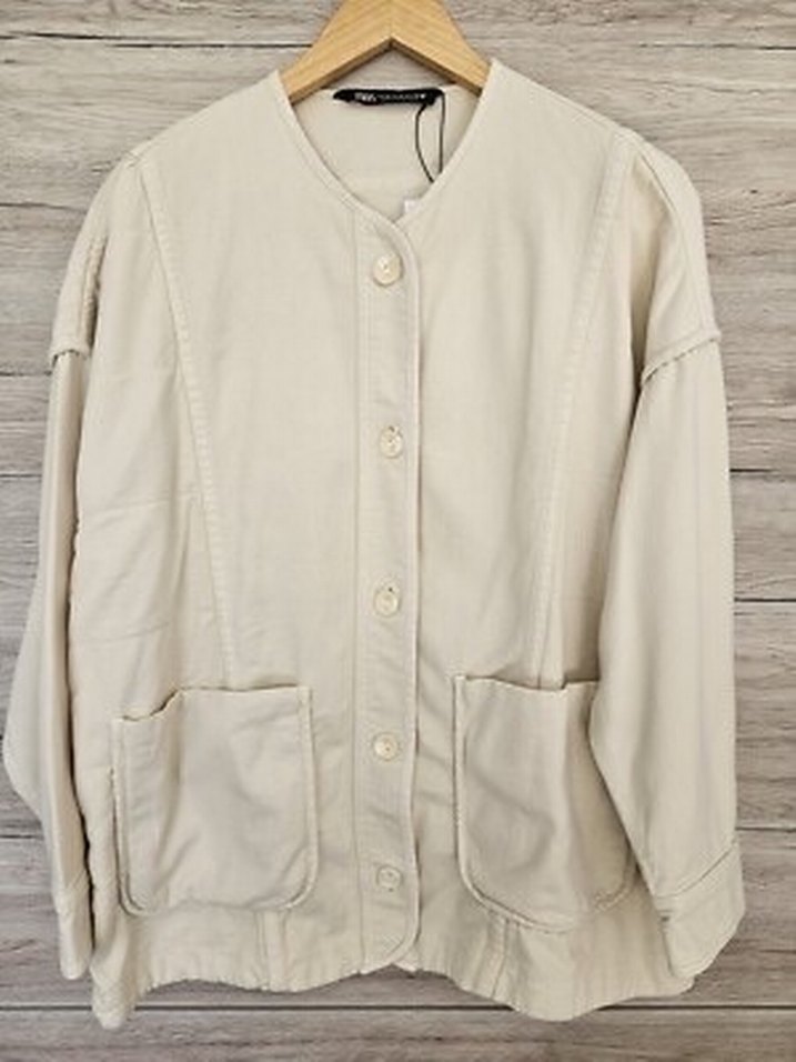 Zara Bej Düğmeli Uzun Kollu Keten Ceket - Görsel 5