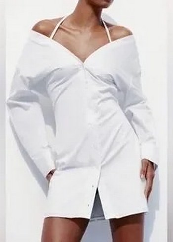 Zara Düğmeli V Yakalı Beyaz Kadın Gömlek Elbise - Görsel 8