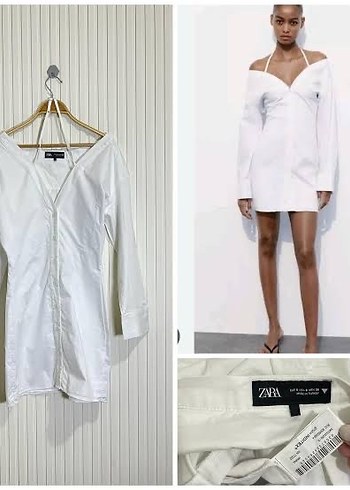 Zara Düğmeli V Yakalı Beyaz Kadın Gömlek Elbise - Görsel 7