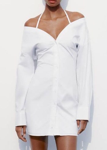 Zara Düğmeli V Yakalı Beyaz Kadın Gömlek Elbise - Görsel 11