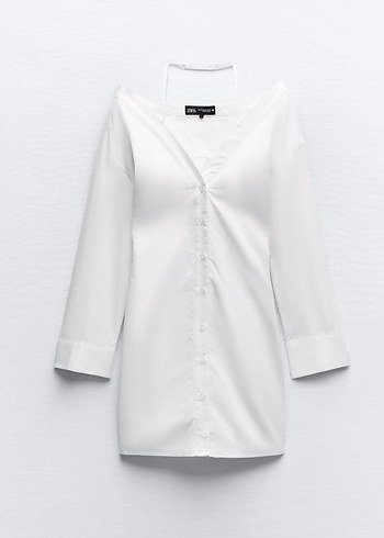 Zara Düğmeli V Yakalı Beyaz Kadın Gömlek Elbise - Görsel 10