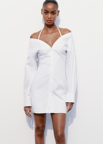 Zara Düğmeli V Yakalı Beyaz Kadın Gömlek Elbise - Görsel 9