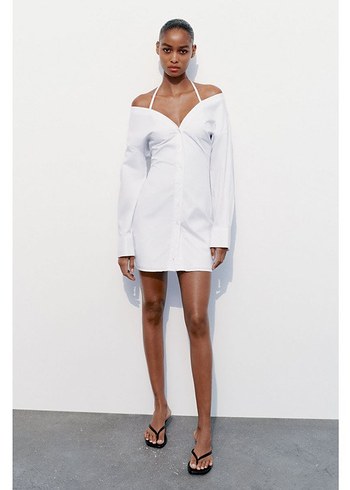 Zara Düğmeli V Yakalı Beyaz Kadın Gömlek Elbise - Görsel 6