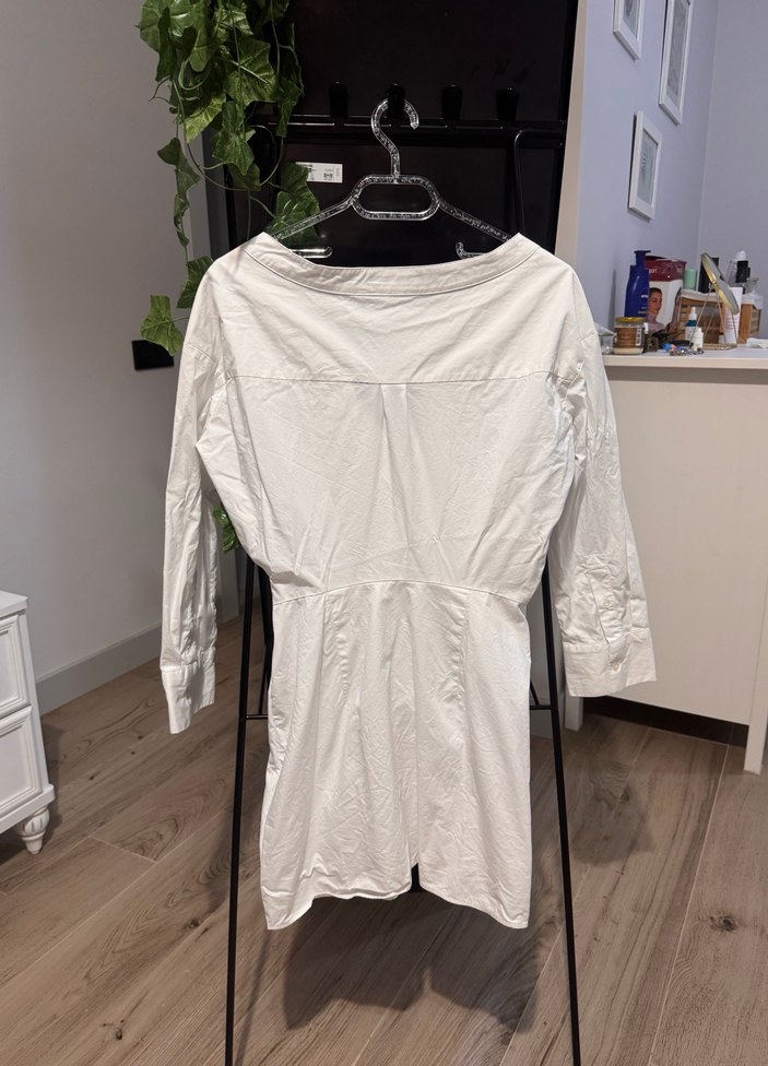 Zara Düğmeli V Yakalı Beyaz Kadın Gömlek Elbise - Görsel 5