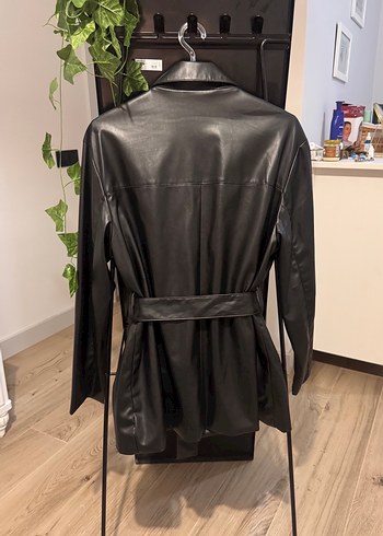 Zara Siyah Deri Kemerli Uzun Kadın Ceket - Görsel 6