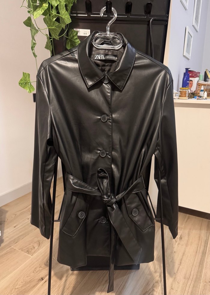 Zara Siyah Deri Kemerli Uzun Kadın Ceket - Görsel 2
