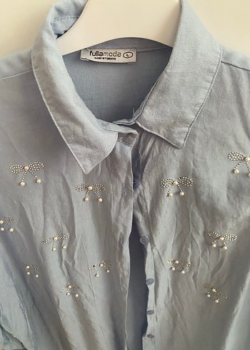 Nakışlı Mavi Keten Gömlek - Görsel 4