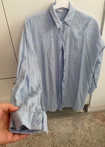 Nakışlı Mavi Keten Gömlek - Görsel 2