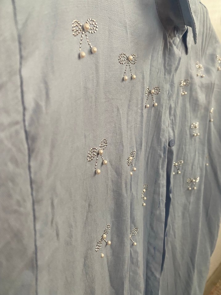 Nakışlı Mavi Keten Gömlek - Görsel 3