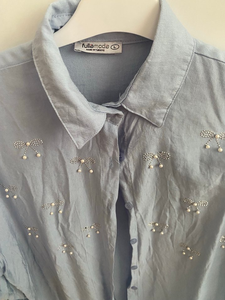 Nakışlı Mavi Keten Gömlek - Görsel 4