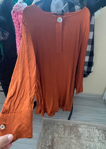 Düğmeli Kahverengi Keten Kadın Gömlek - Görsel 2