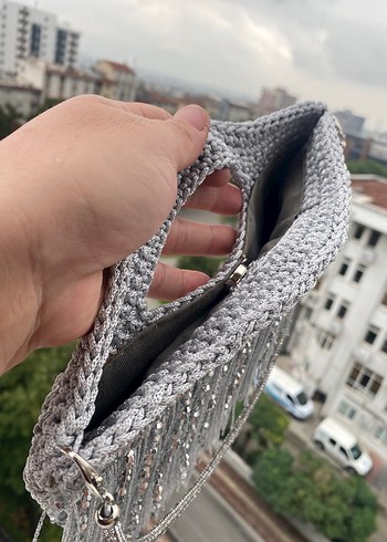  Beden gri Renk Gri Püsküllü Bohem Kadın Örgü Çanta